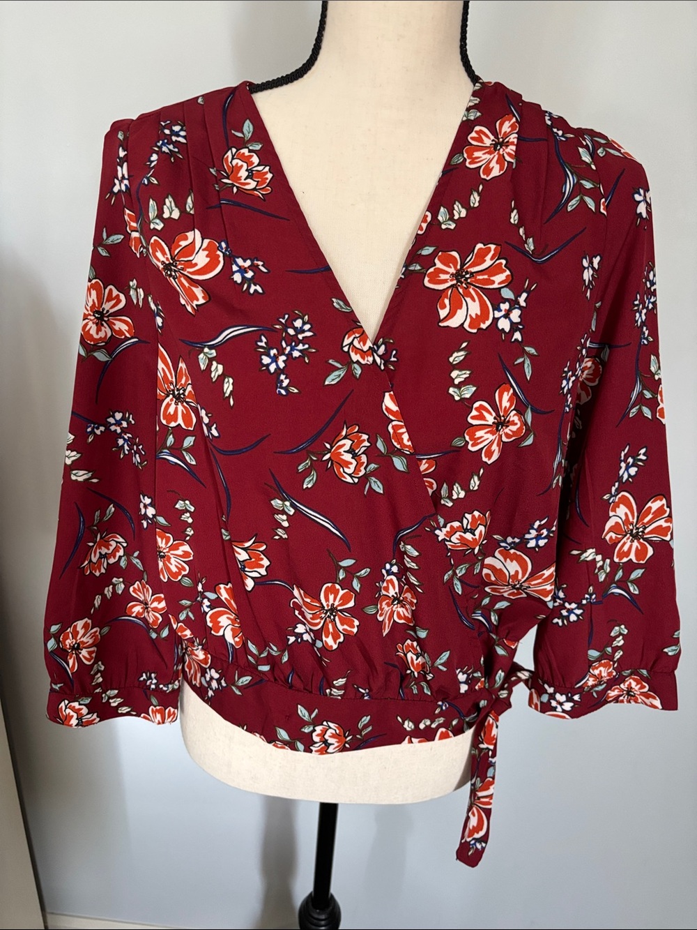 Floral Wrap Blouse in Burgundy